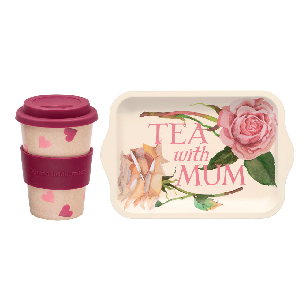 Emma Bridgewater - Tea With Mum, Small Tin Tray & Pink Hearts Rice Husk Travel Cup Set