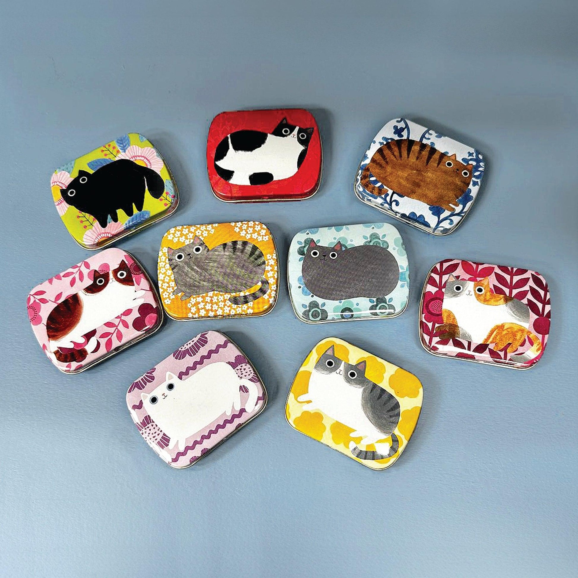 Kitchentins - Planet Cat Small Hinged rectangular Bundle Featuring an assortment of different cats on colourful backgrounds