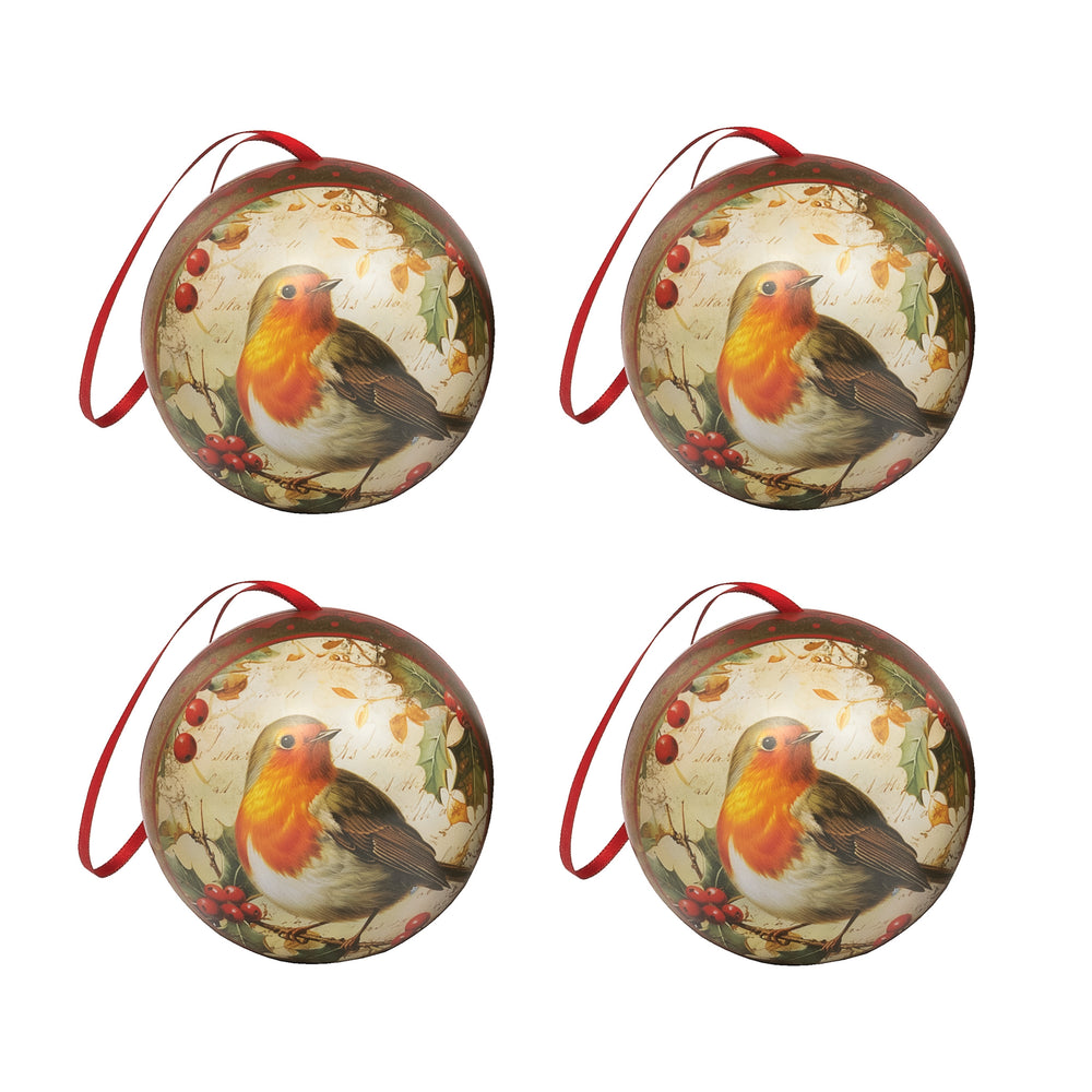 Robin Round Tin Baubles, Pack of 4
