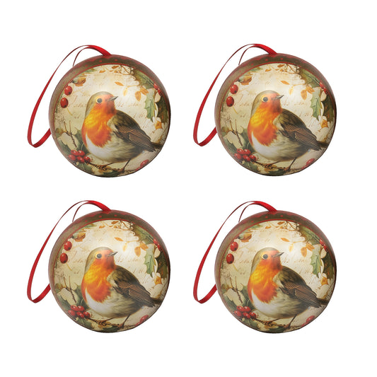 Robin Round Tin Bauble, Pack of 4