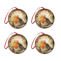 Robin Round Tin Baubles, Pack of 4