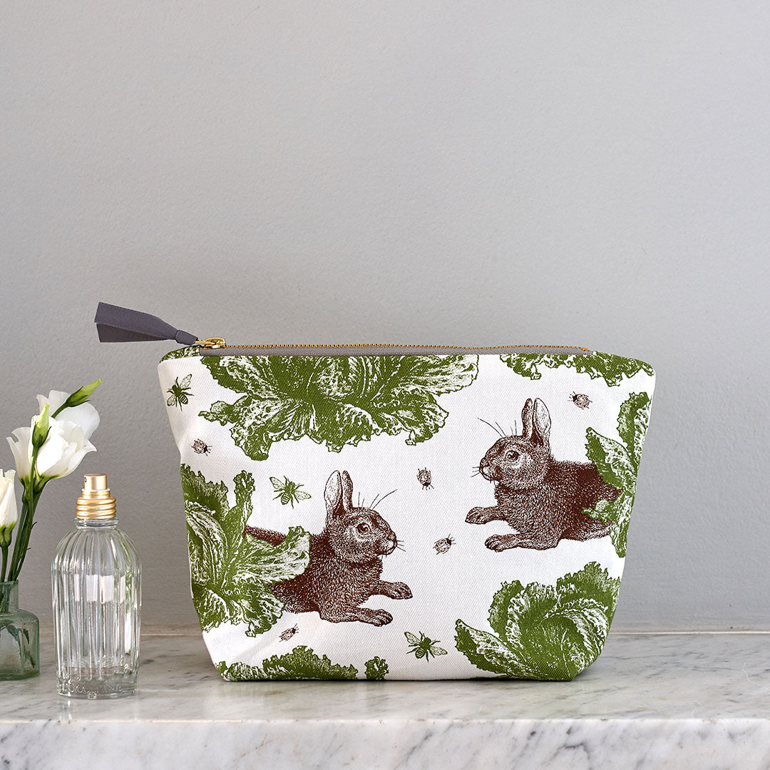 Kitchentins - Thornback and Peel large cosmetic bag printed with brown and green rabbits and cabbages