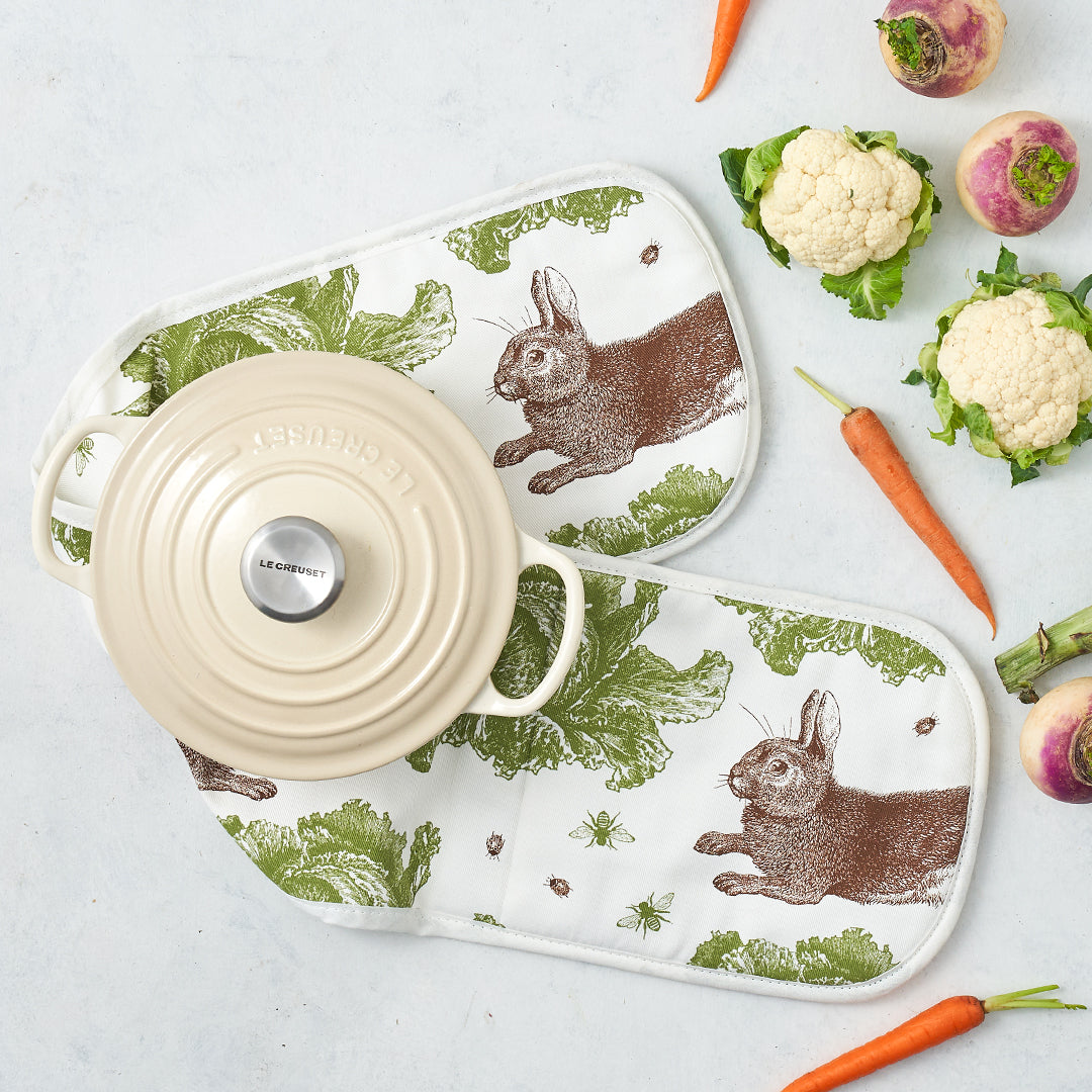 kitchentins - Thornback and Peel Rabbit and Cabbage Cotton Double Oven Gloves Featuring brown and green design