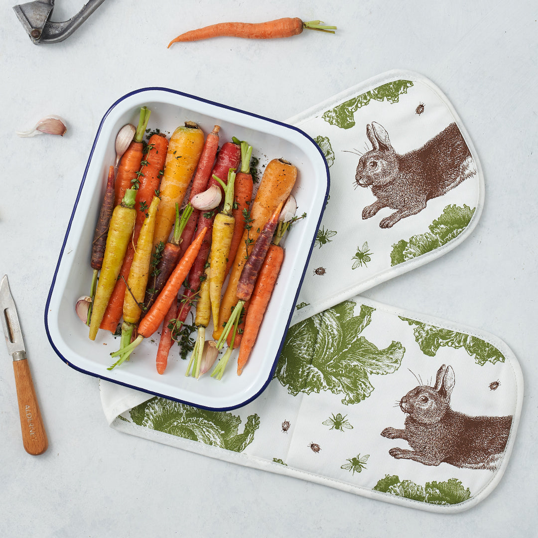 kitchentins - Thornback and Peel Rabbit and Cabbage Cotton Double Oven Gloves Featuring brown and green design