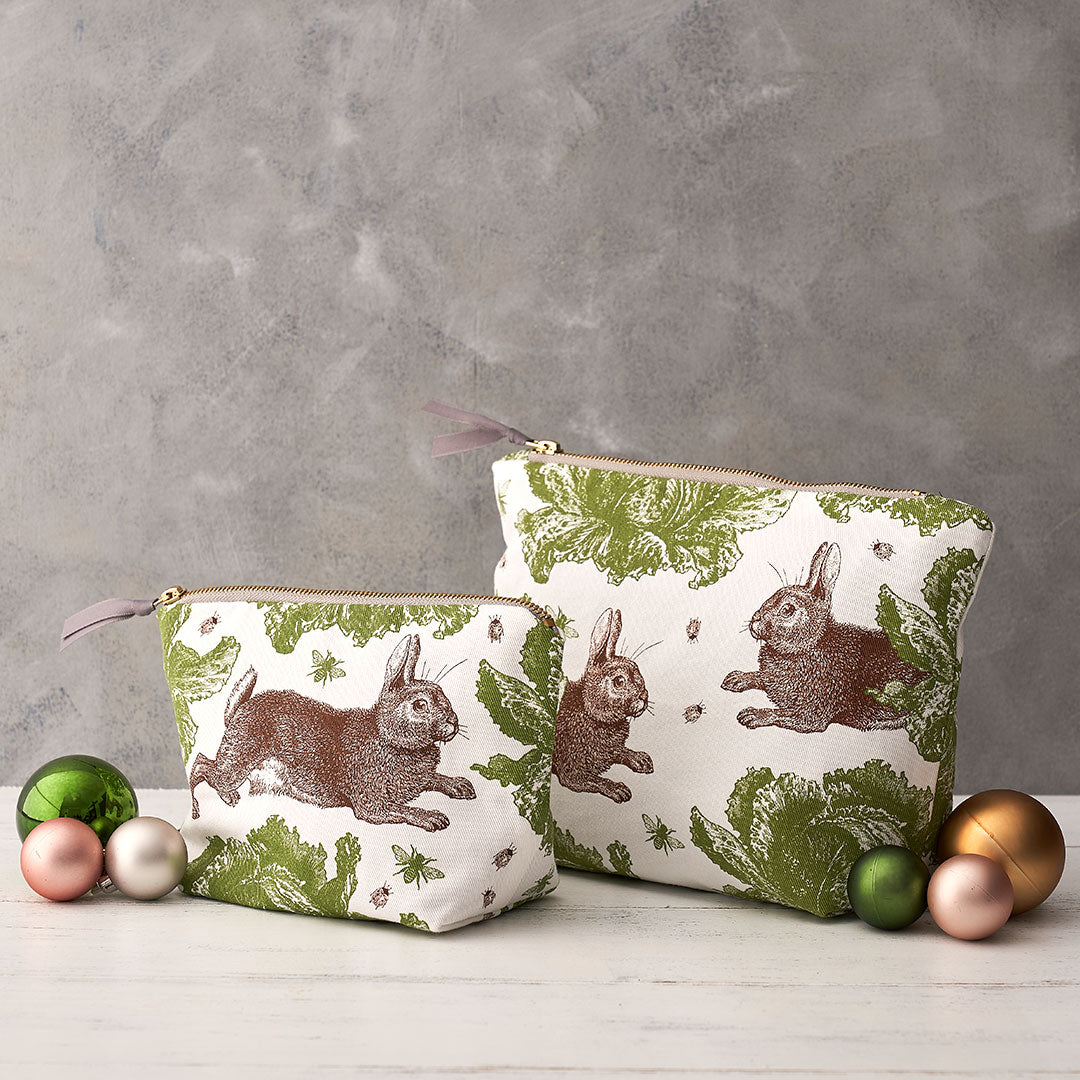 Kitchentins - Thornback and Peel large cosmetic bag printed with brown and green rabbits and cabbages