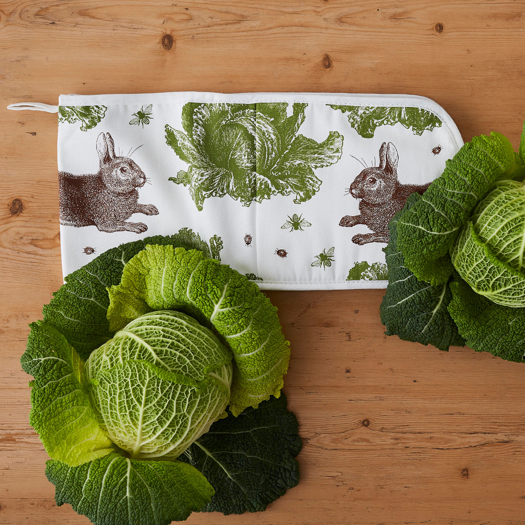 kitchentins - Thornback and Peel Rabbit and Cabbage Cotton Double Oven Gloves Featuring brown and green design.