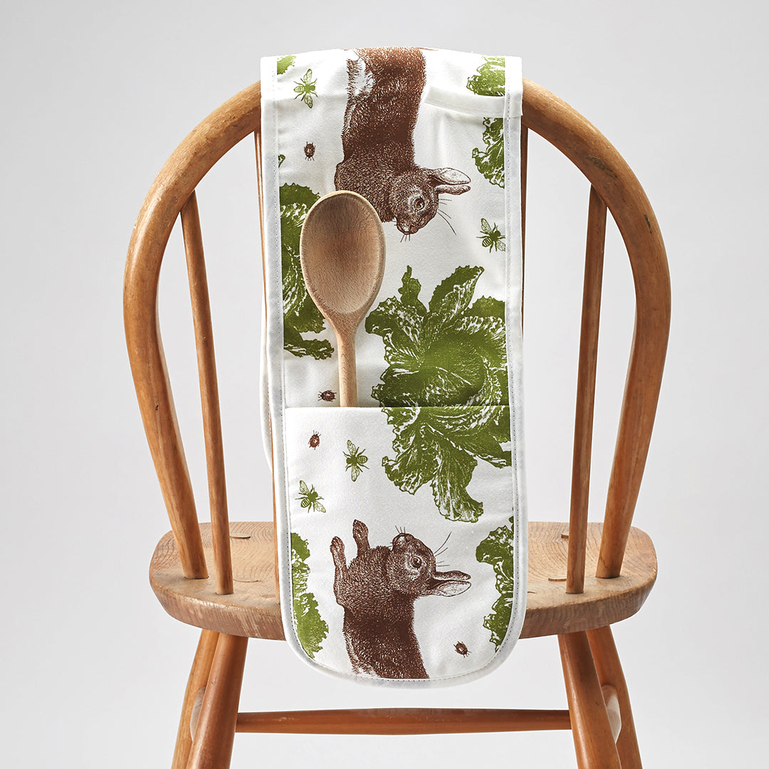 kitchentins - Thornback and Peel Rabbit and Cabbage Cotton Double Oven Gloves Featuring brown and green design