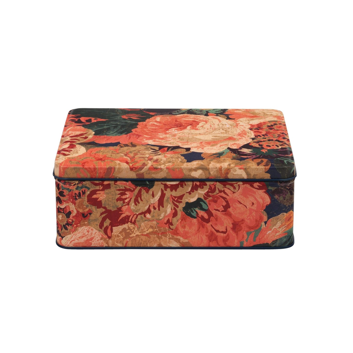 kitchentins - Sanderson deep rectangular tin with large floral pattern in rich orange and dark green tones.