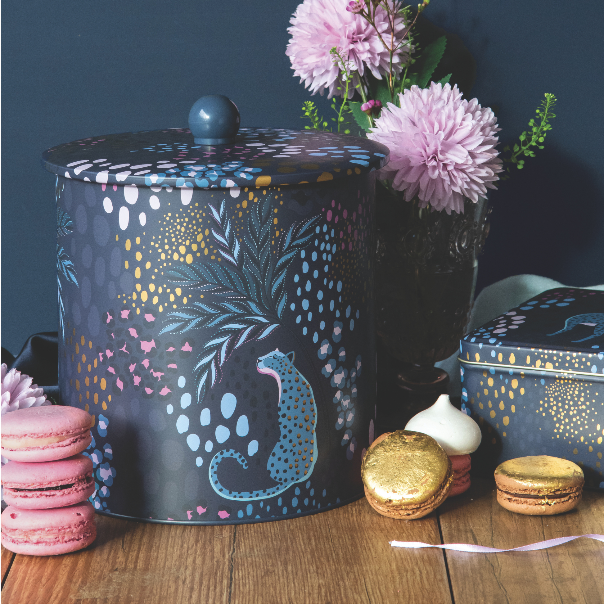 Kitchentins - Sara Miller Midnight Leopard Biscuit Barrel