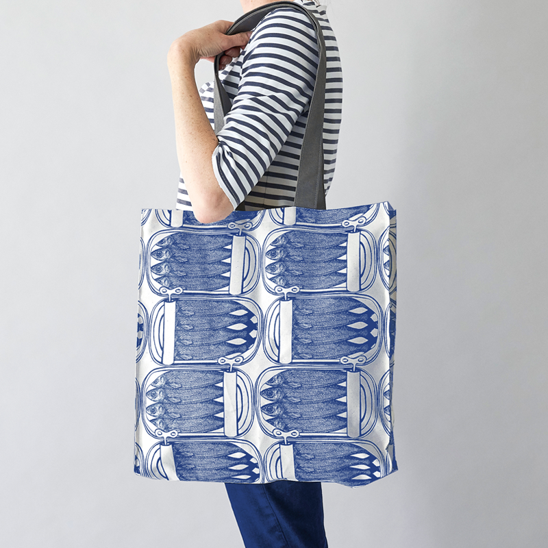 kitchentins - Thornback and Peel Cotton tote bags printed with delft blue sardine tin design