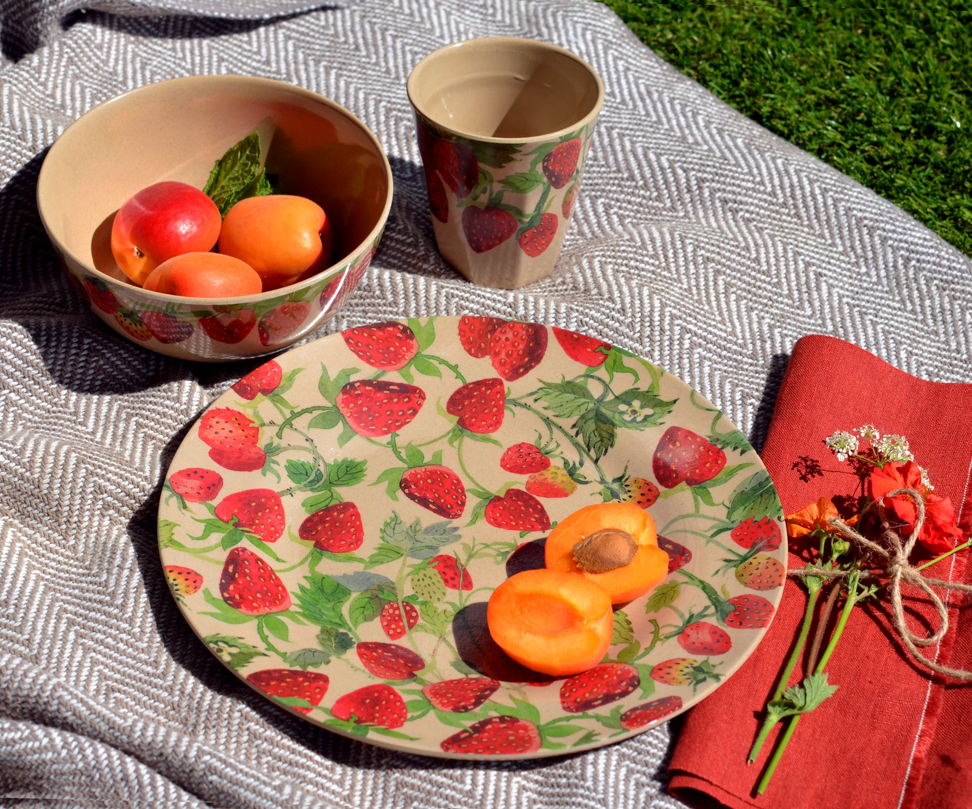 Emma Bridgewater Strawberries design Rice Husk Picnicware lifestyle image - Kitchentins