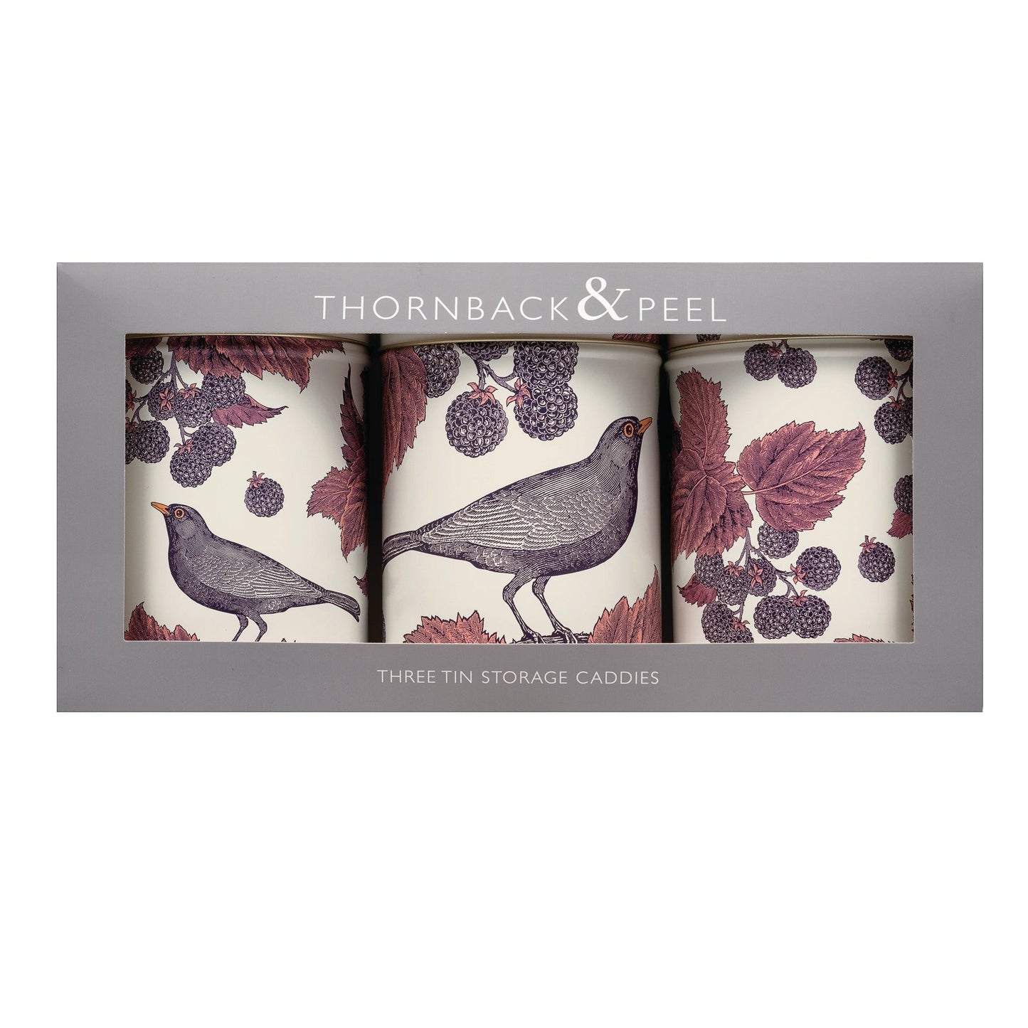 kitchentins - Thornback & Peel set of 3 caddies with Blackbird & Bramble design in purple tones.