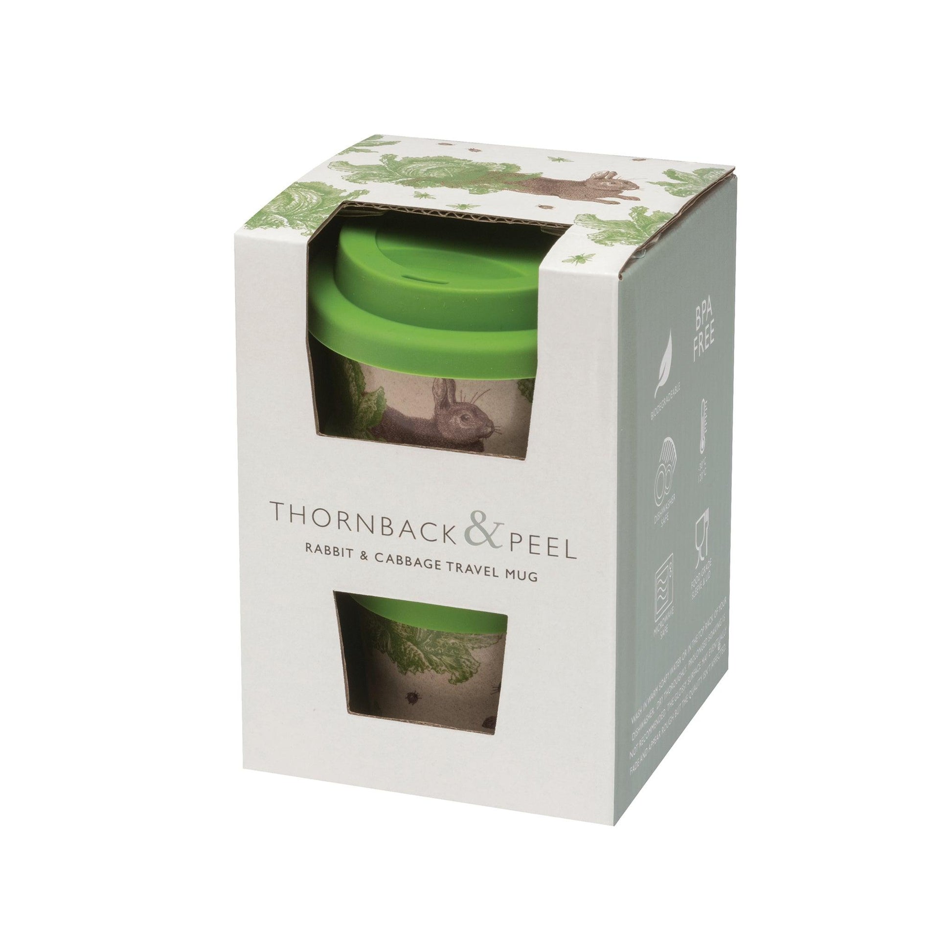 kitchentins - Thornback and Peel rice husk travel cup printed with the signature brown rabbit and vibrant green cabbages