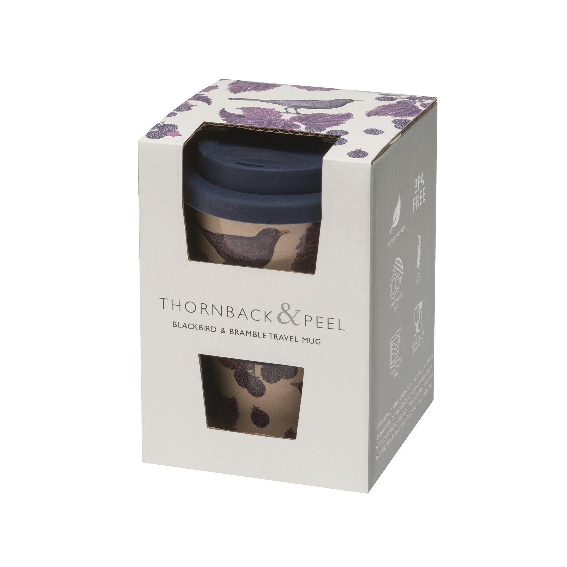 kitchentins - Thornback & Peel rice husk travel mug with Blackbird & Bramble design in purple tones.