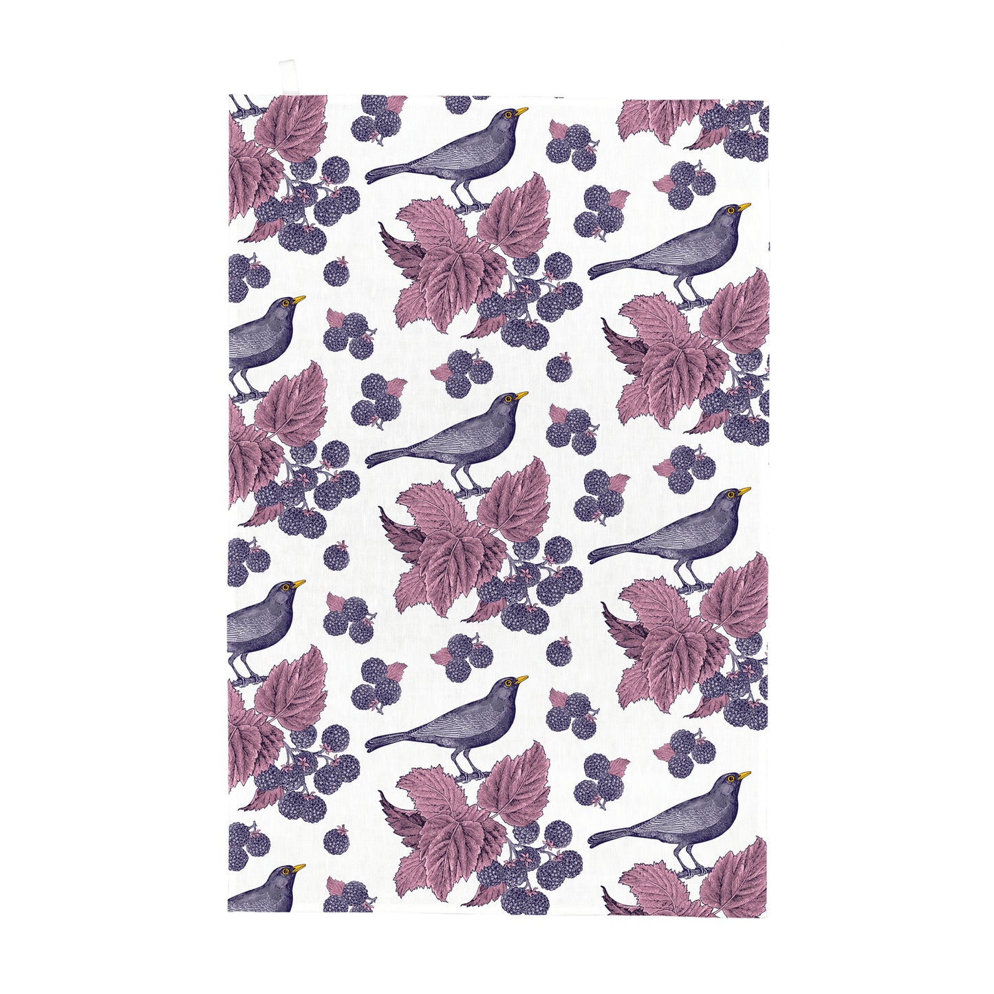 kitchentins - Thornback & Peel cotton tea towel printed with Blackbird and bramble design in purple tones.