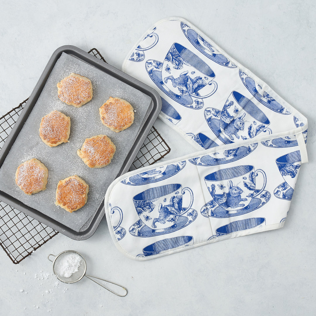 kitchentins - Thornback and Peel Teacup Cotton Double Oven Gloves Featuring delft blue teacup design