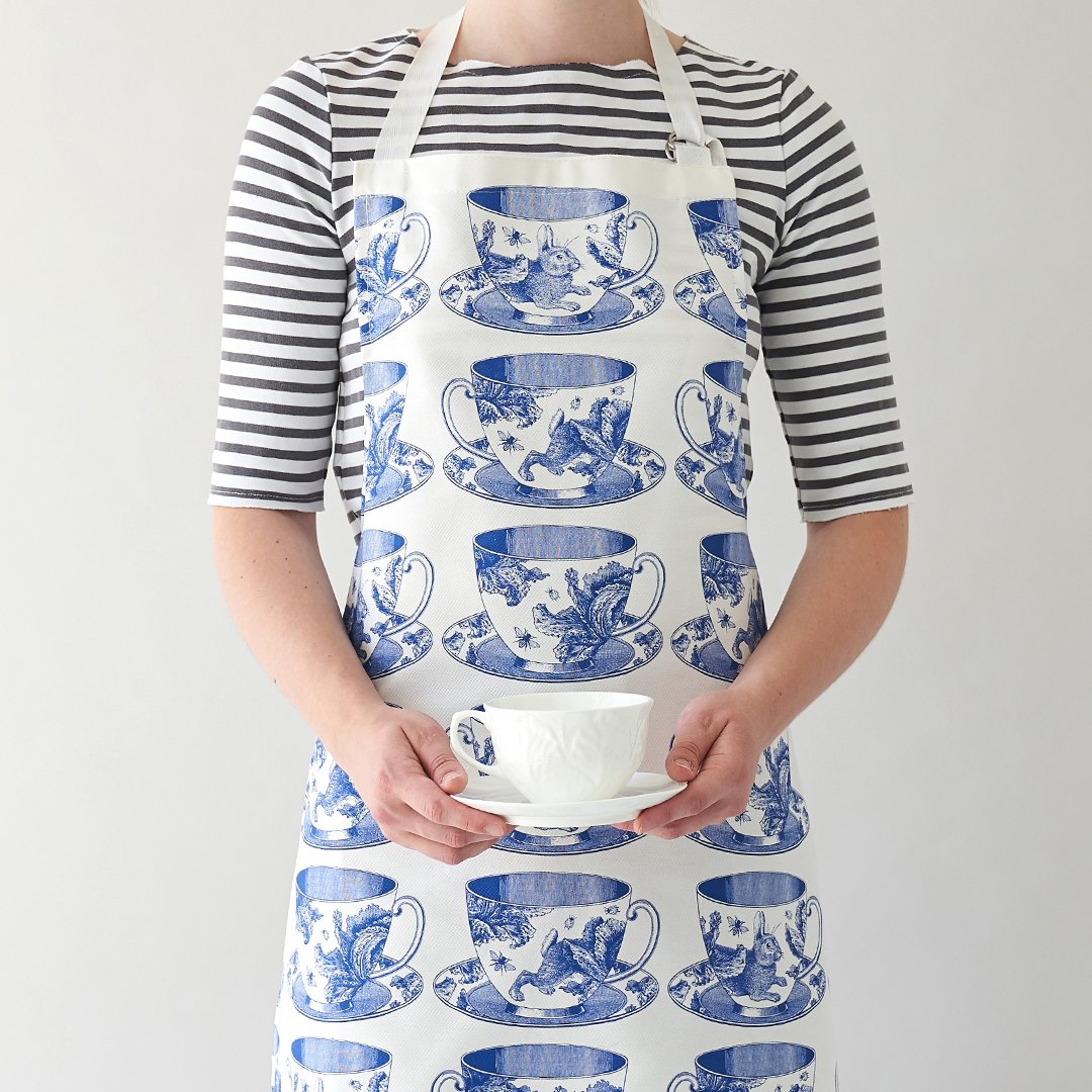 kitchentins - Thornback & Peel cotton apron printed with delft blue teacup design with adjustable neck strap.