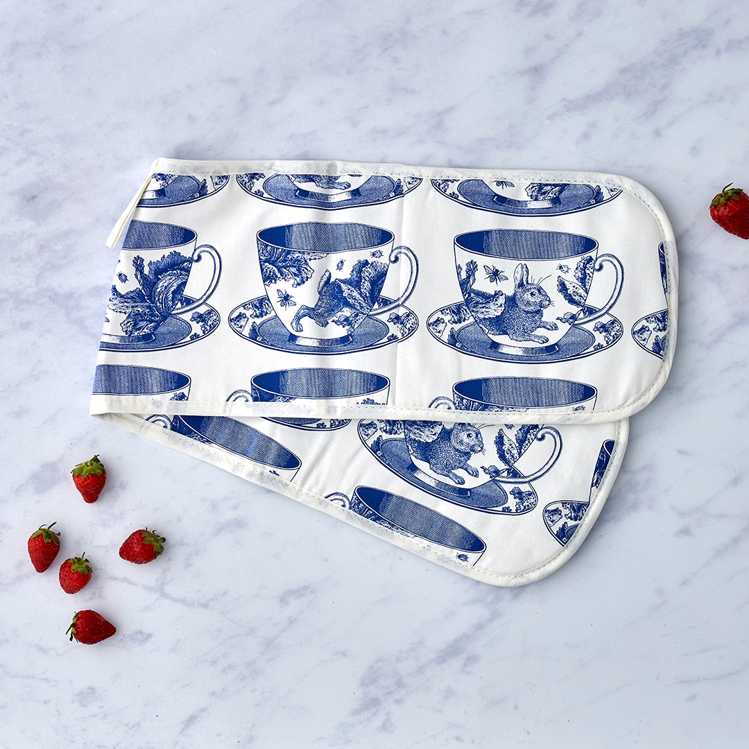 kitchentins - Thornback and Peel Teacup Cotton Double Oven Gloves Featuring delft blue teacup design