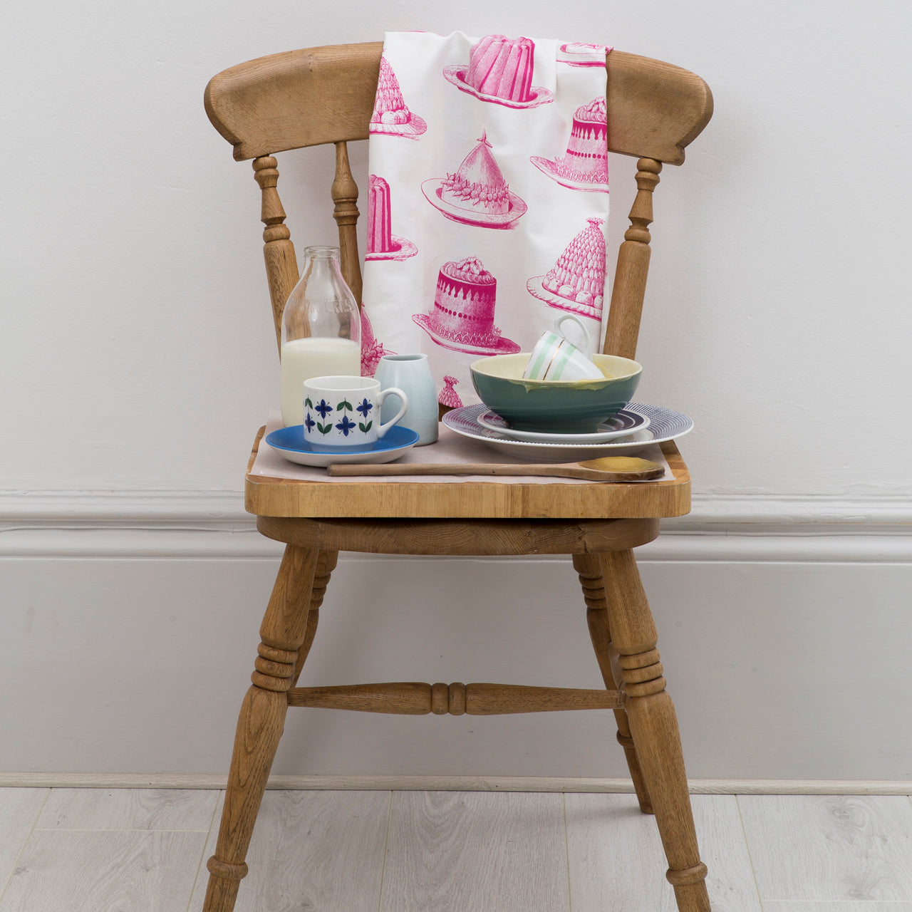 kitchentins - Thornback & Peel cotton tea towel printed with raspberry pink jellies and cakes