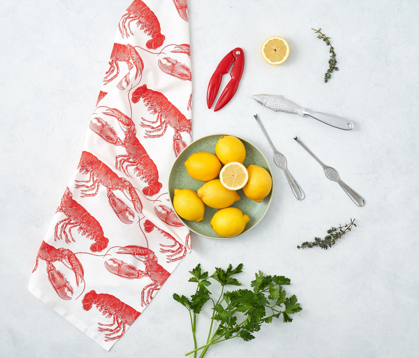 kitchentins - Thornback & Peel cotton tea towel printed with coral red lobster design