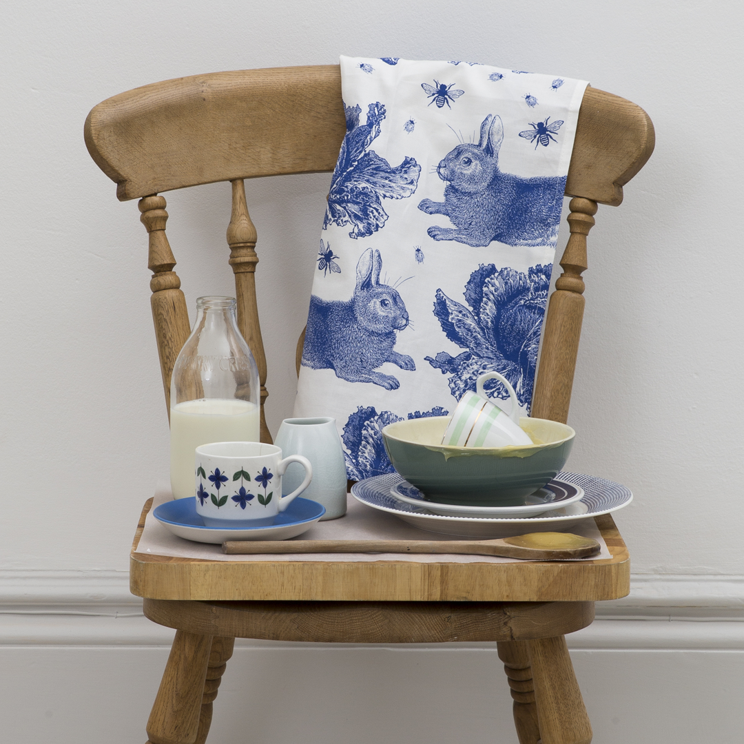 Kitchentins - Thornback & Peel cotton tea towel printed with delft blue rabbit and cabbage design.