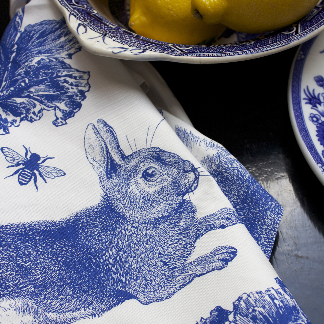 Kitchentins - Thornback & Peel cotton tea towel printed with delft blue rabbit and cabbage design