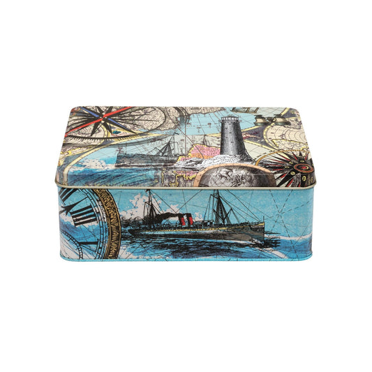 Kitchentins - Adventure Deep Rectangular Tin. Rectangular storage/gift tin. Artwork on the tin  is inspired by  world travellers, with vintage style maps and compasses. 