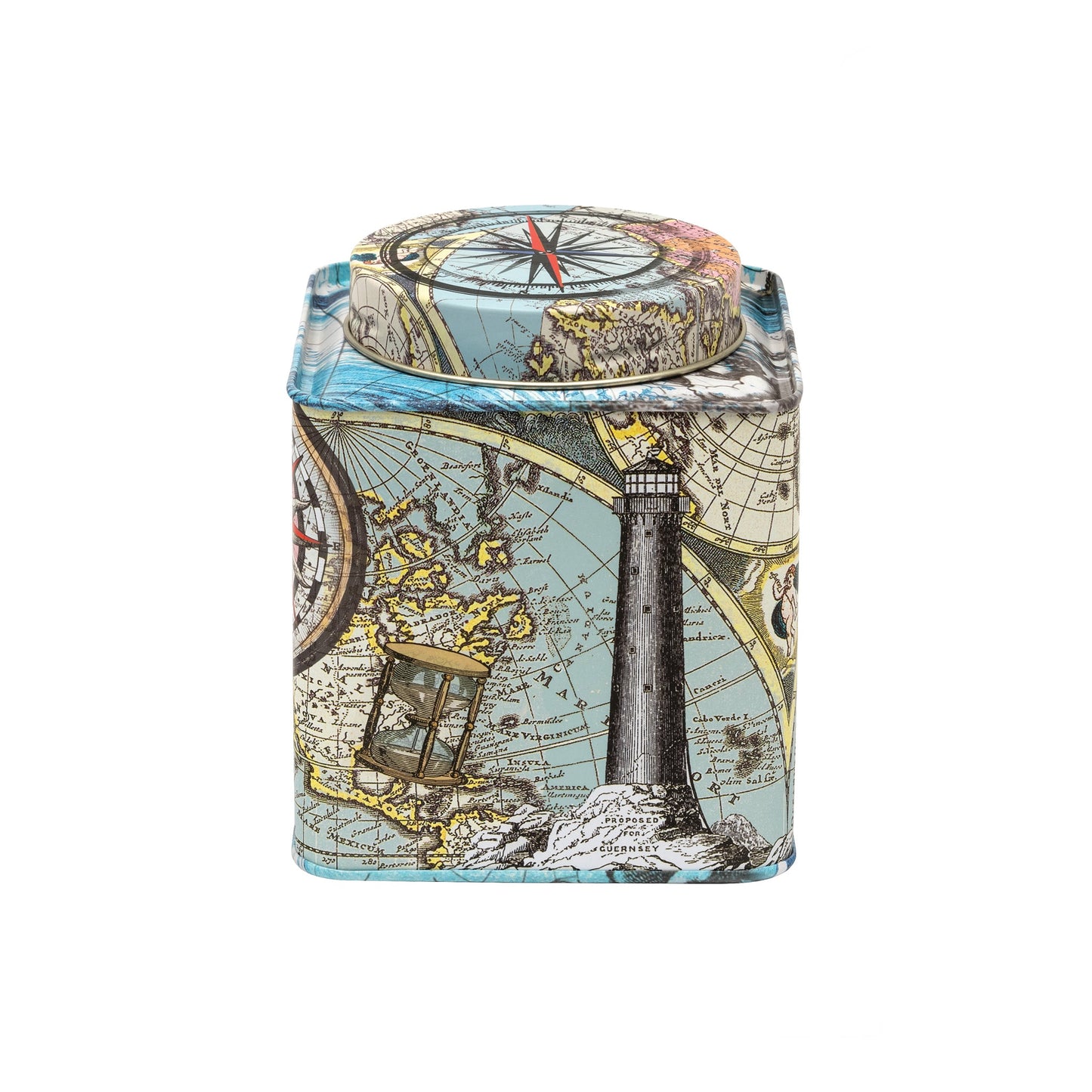 Kitchentins - Adventure Twist Lid Tea Caddy. Artwork on the tin  is inspired by  world travellers, with vintage style maps and compasses. 