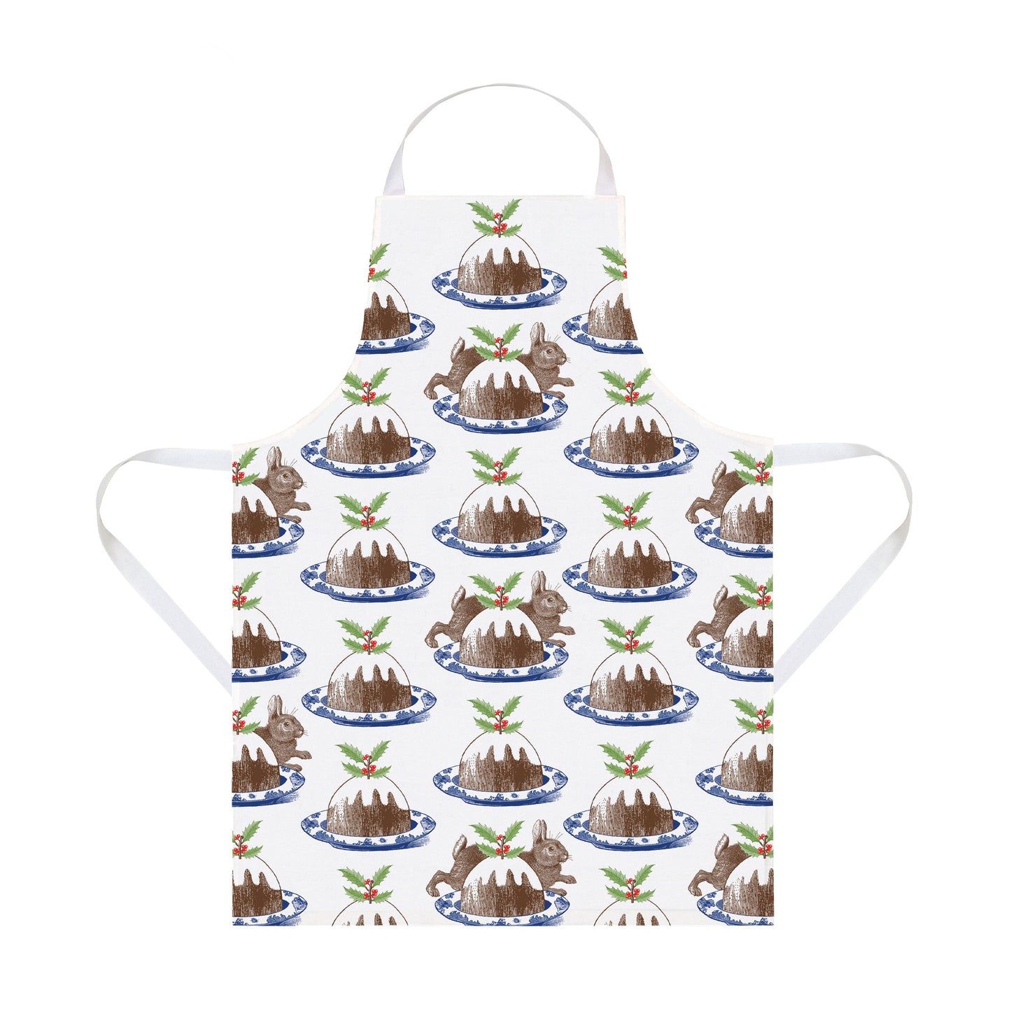 kitchentins - Thornback and Peel cotton apron with a christmas print; featuring the classic chocolate brown bunny hiding amongst tasty christmas puddings