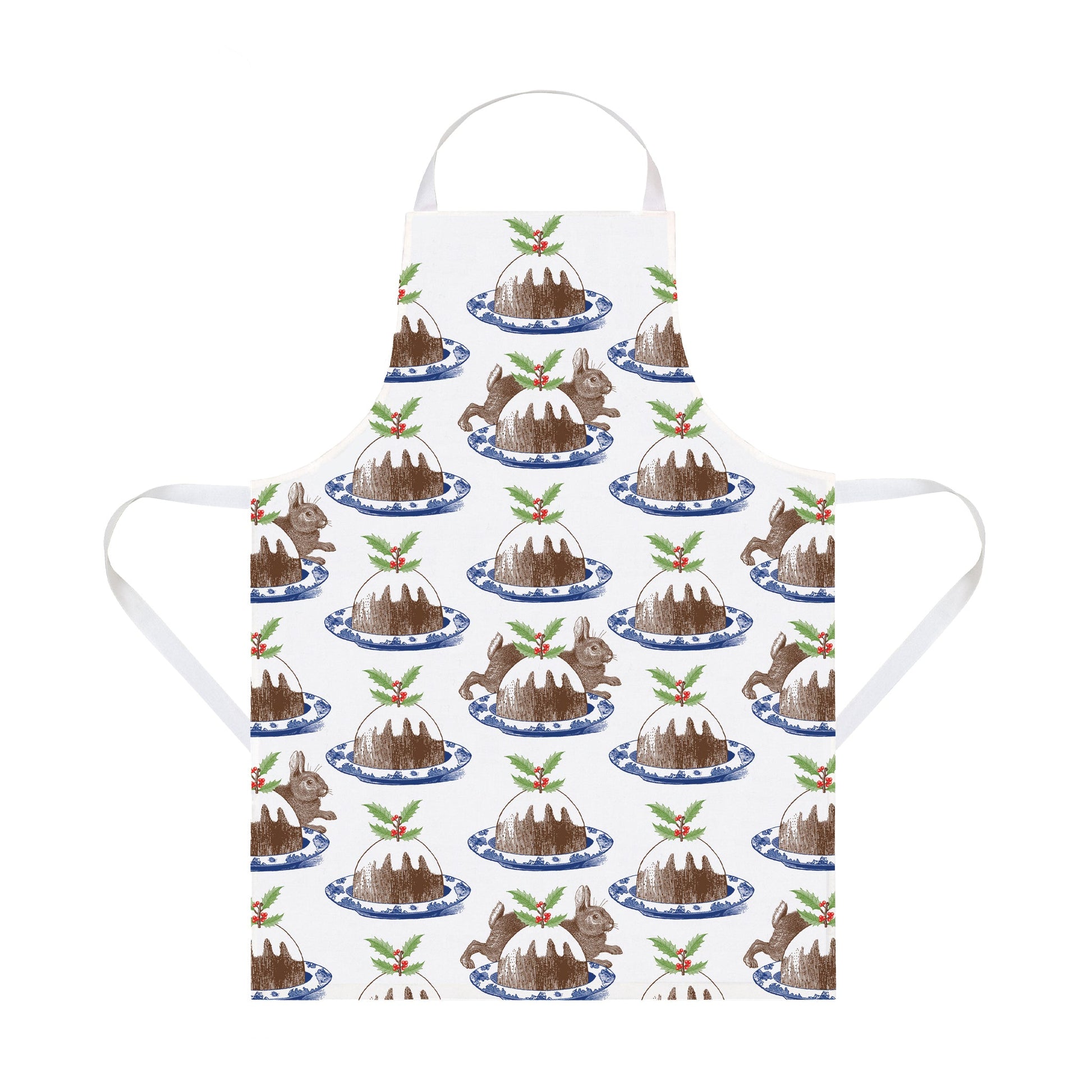 kitchentins - Thornback and Peel cotton apron with a christmas print; featuring the classic chocolate brown bunny hiding amongst tasty christmas puddings
