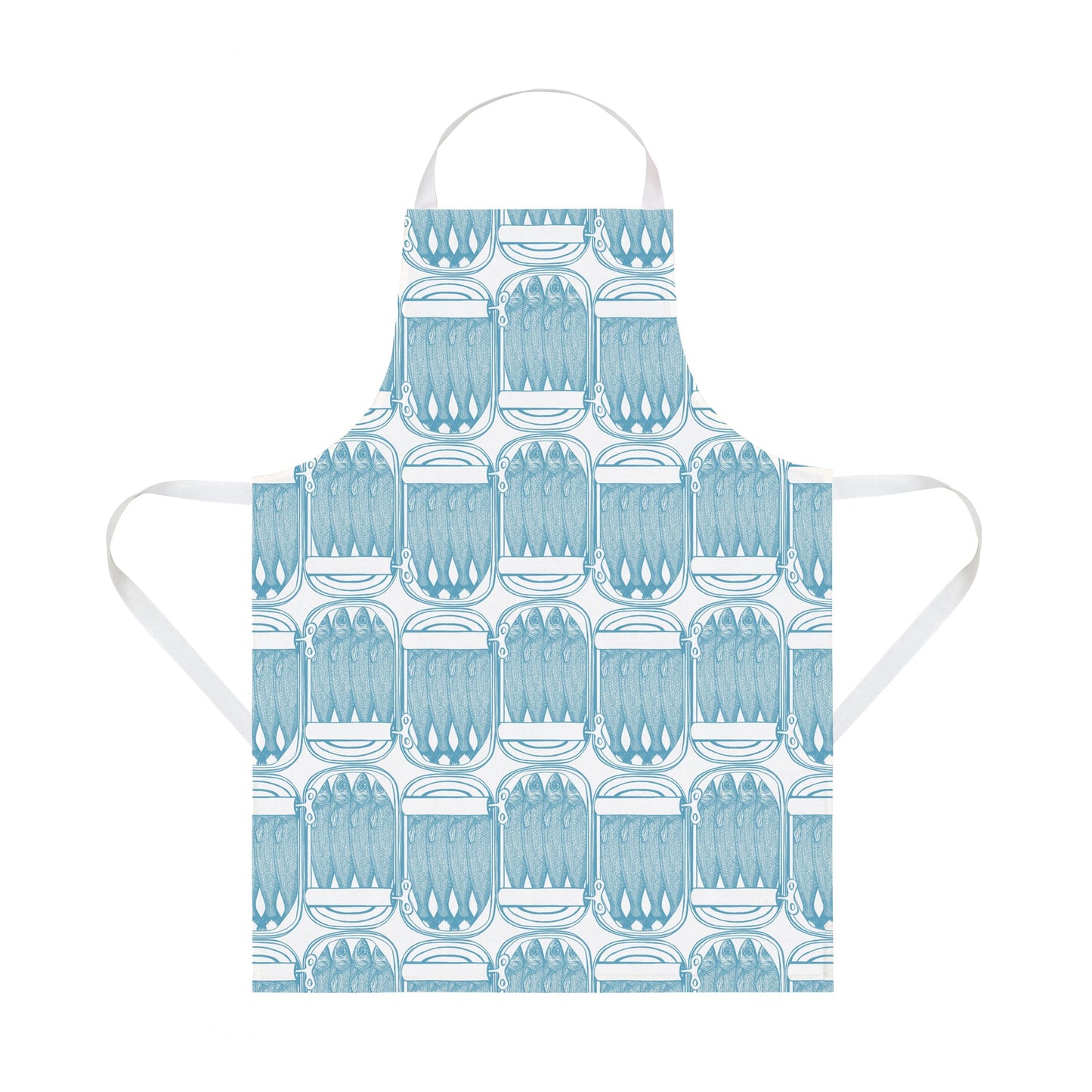 kitchentins - Thornback and Peel cotton apron printed with blue sardine print. 