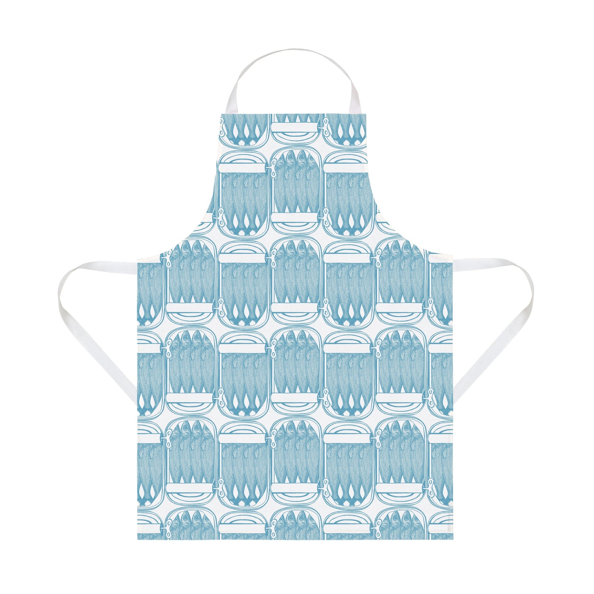 kitchentins - Thornback and Peel cotton apron printed with blue sardine print. 