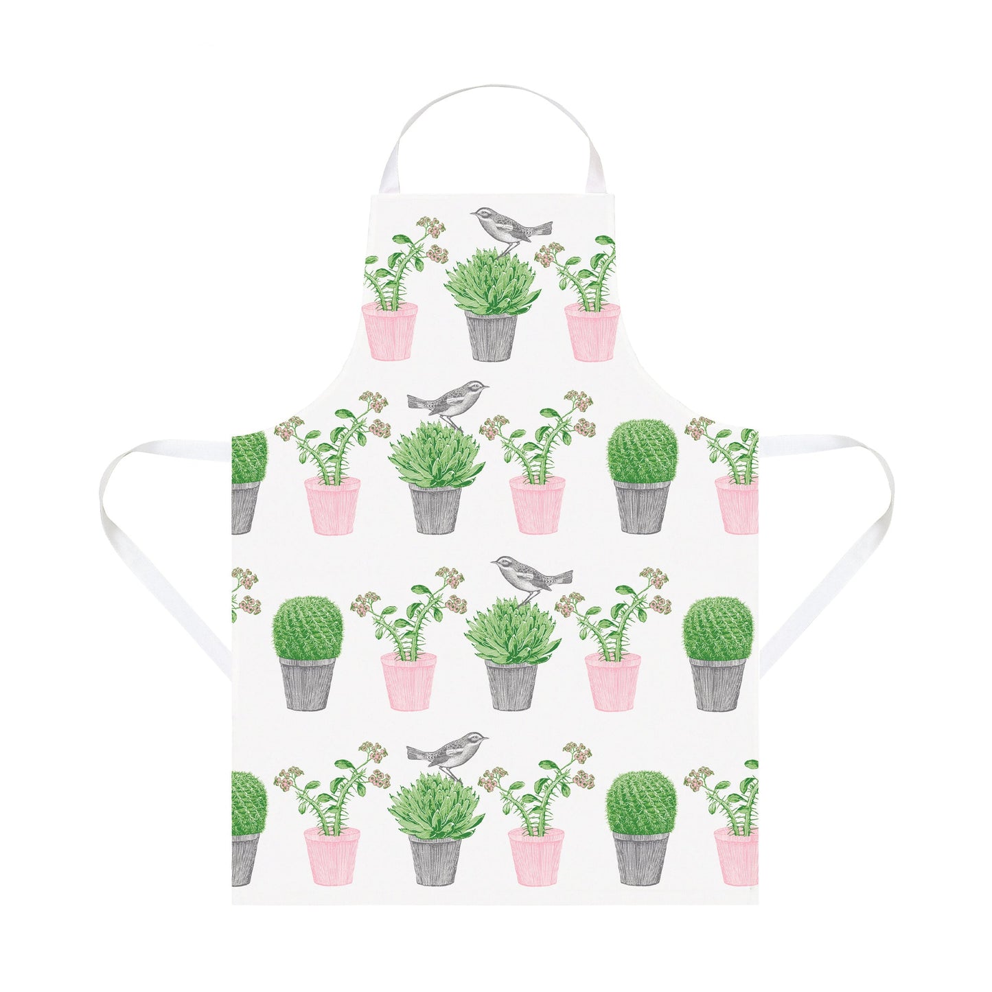 kitchentins - Thornback and Peel Cactus and Bird Cotton Apron. Featuring pale pink and green potted succulents and a little bird hopping amongst them. 