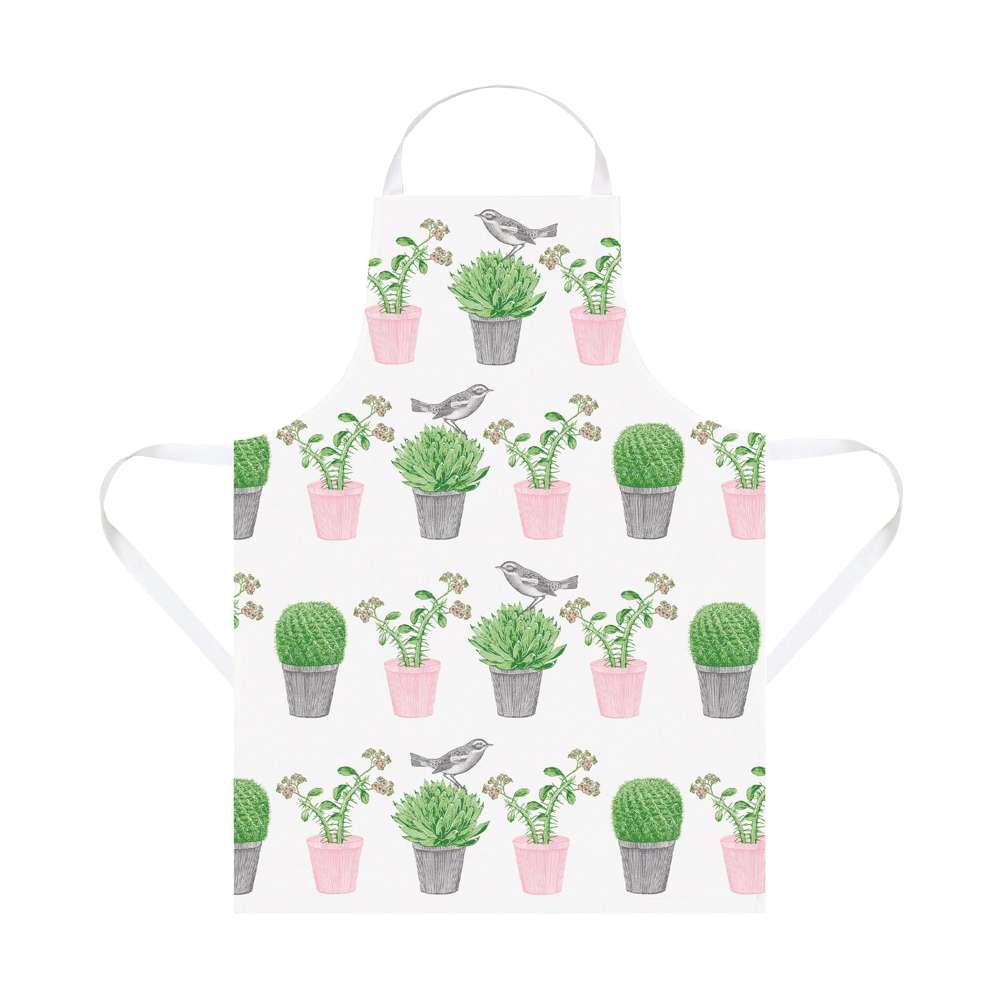 kitchentins - Thornback and Peel Cactus and Bird Cotton Apron. Featuring pale pink and green potted succulents and a little bird hopping amongst them. 