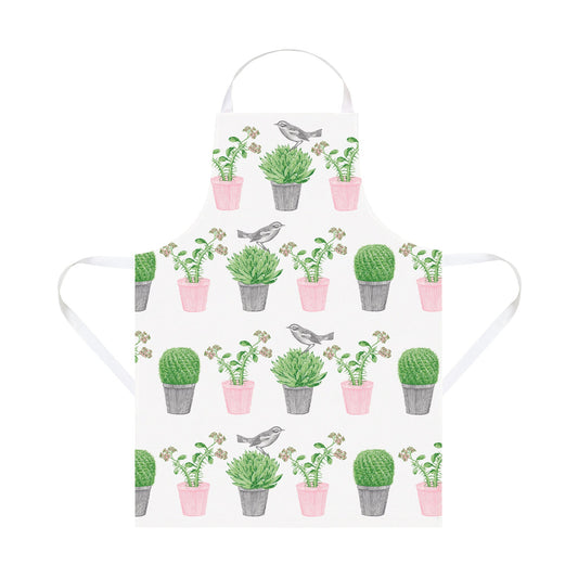 kitchentins - Thornback and Peel Cactus and Bird Cotton Apron. Featuring pale pink and green potted succulents and a little bird hopping amongst them. 