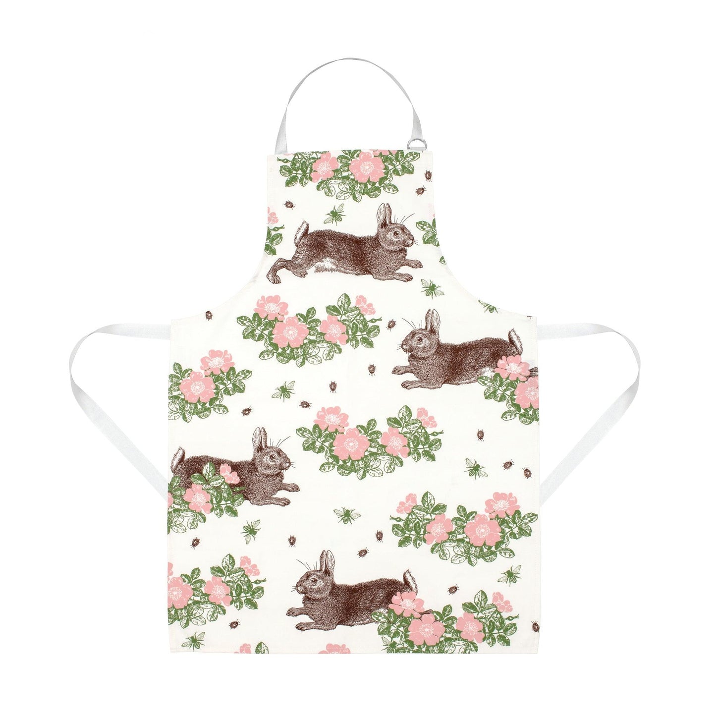 kitchentins - Thornback and Peel cotton Rabbit and Rose Apron. Printed wth the classic chocloate brown bunny amongst pale pink dog roses. 