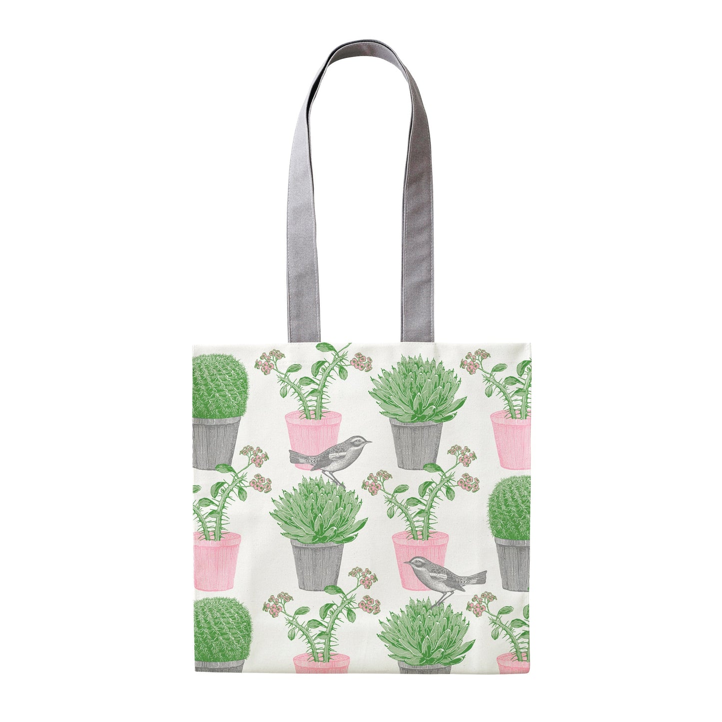 kitchentins - Thornback and Peel Cotton tote bags printed with pale pink and green succulents with a little bird hopping between them. 