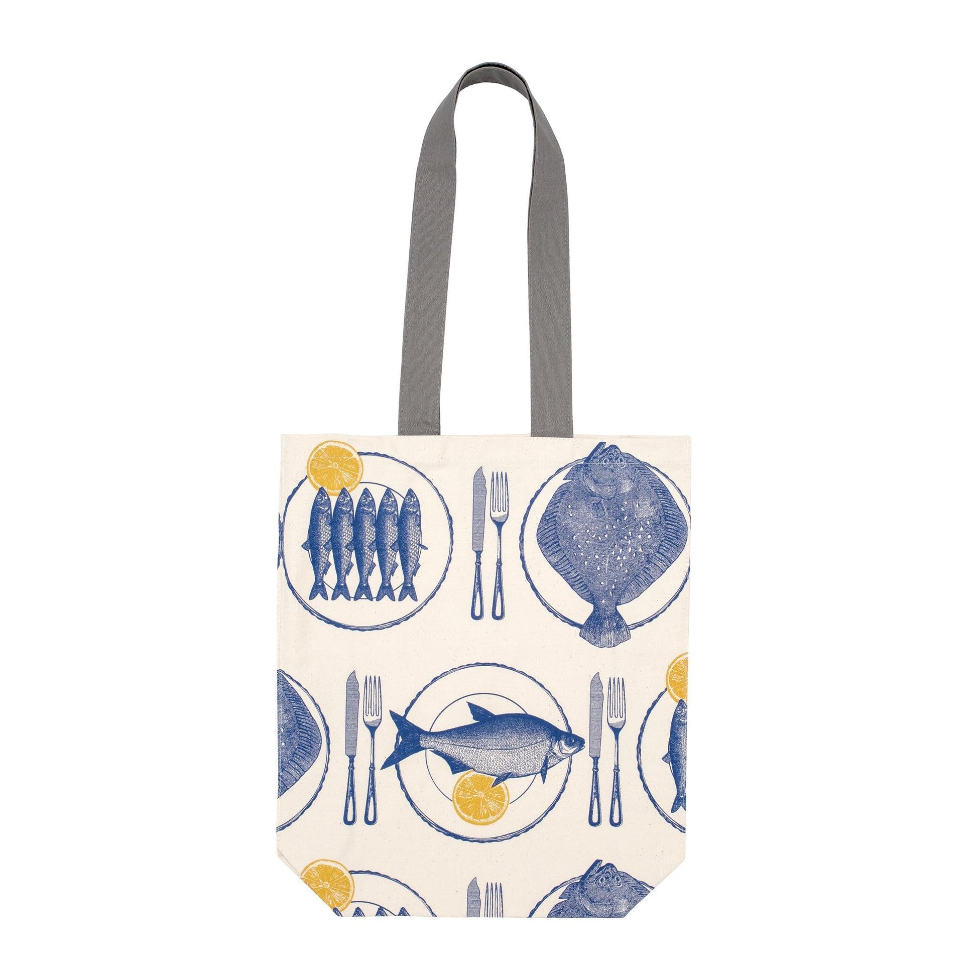 kitchentins - Thornback and Peel cotton tote bag printed with assorted delft blue fish and bright yellow lemons.