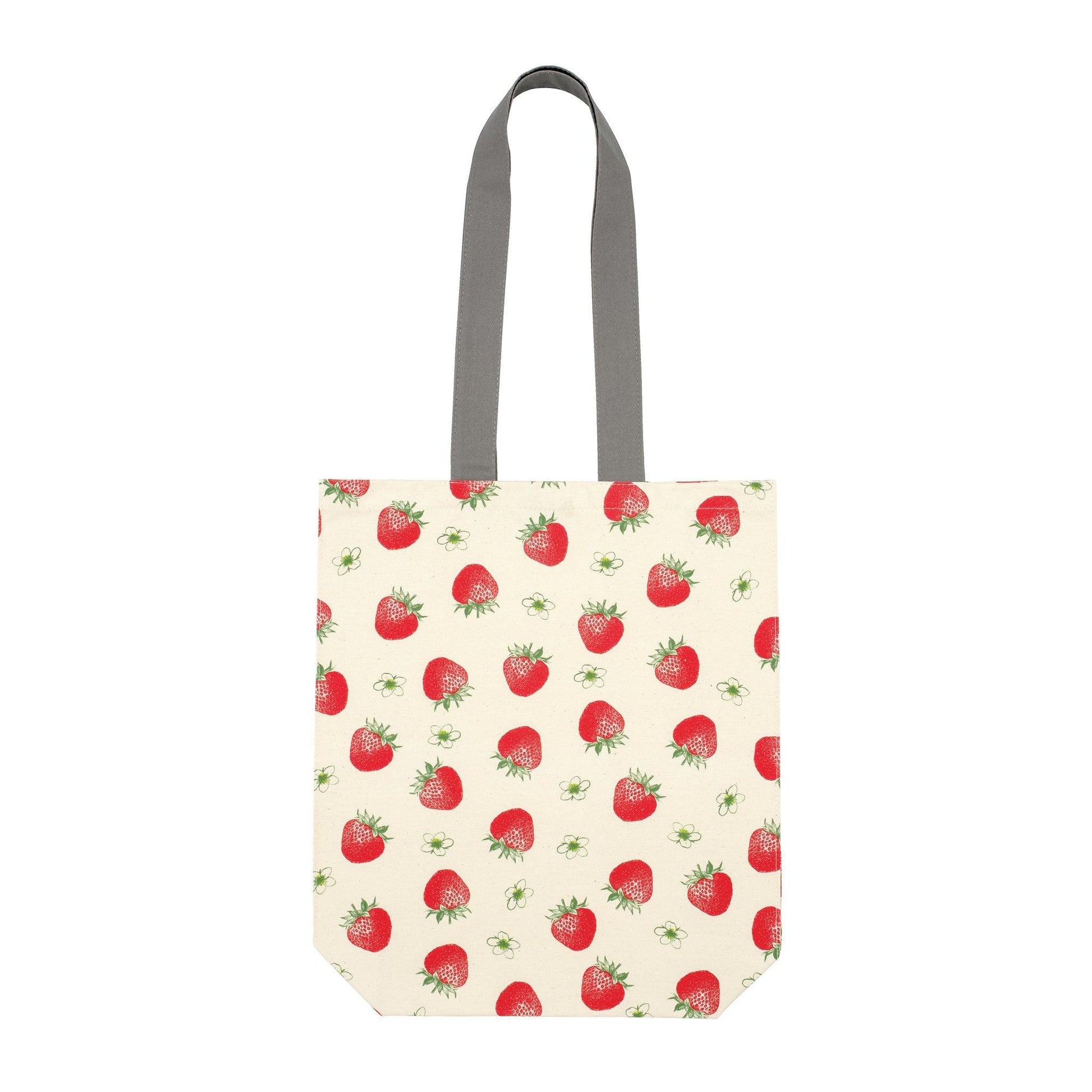 kitchentins - Thornback and Peel cotton tote bag printed with vibrant red strawberries and delicated blossoms.