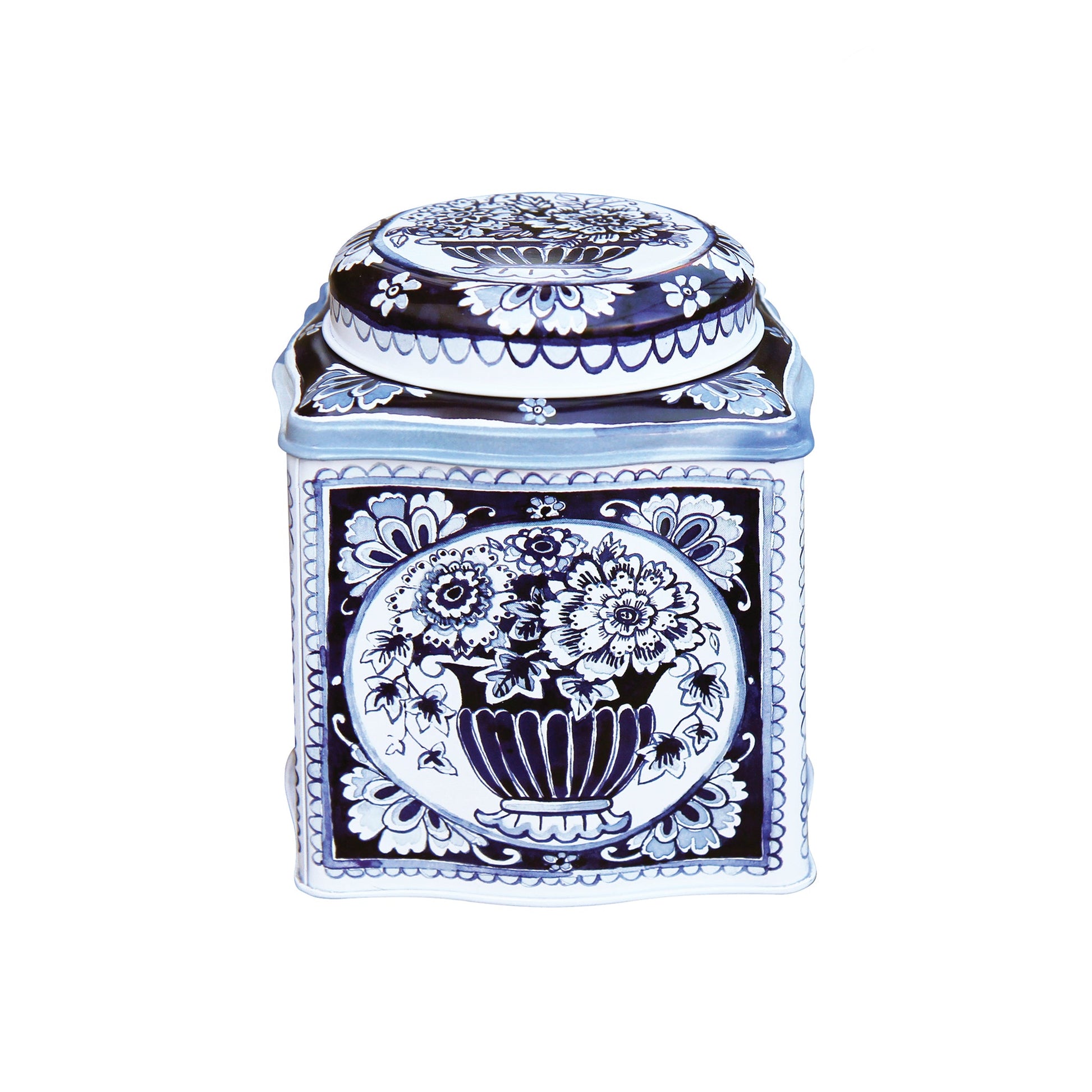 Kitchentins - Blue and White twist lid tea caddy. Stylish storage tin featuring the timeless blue and white colour pallet. 