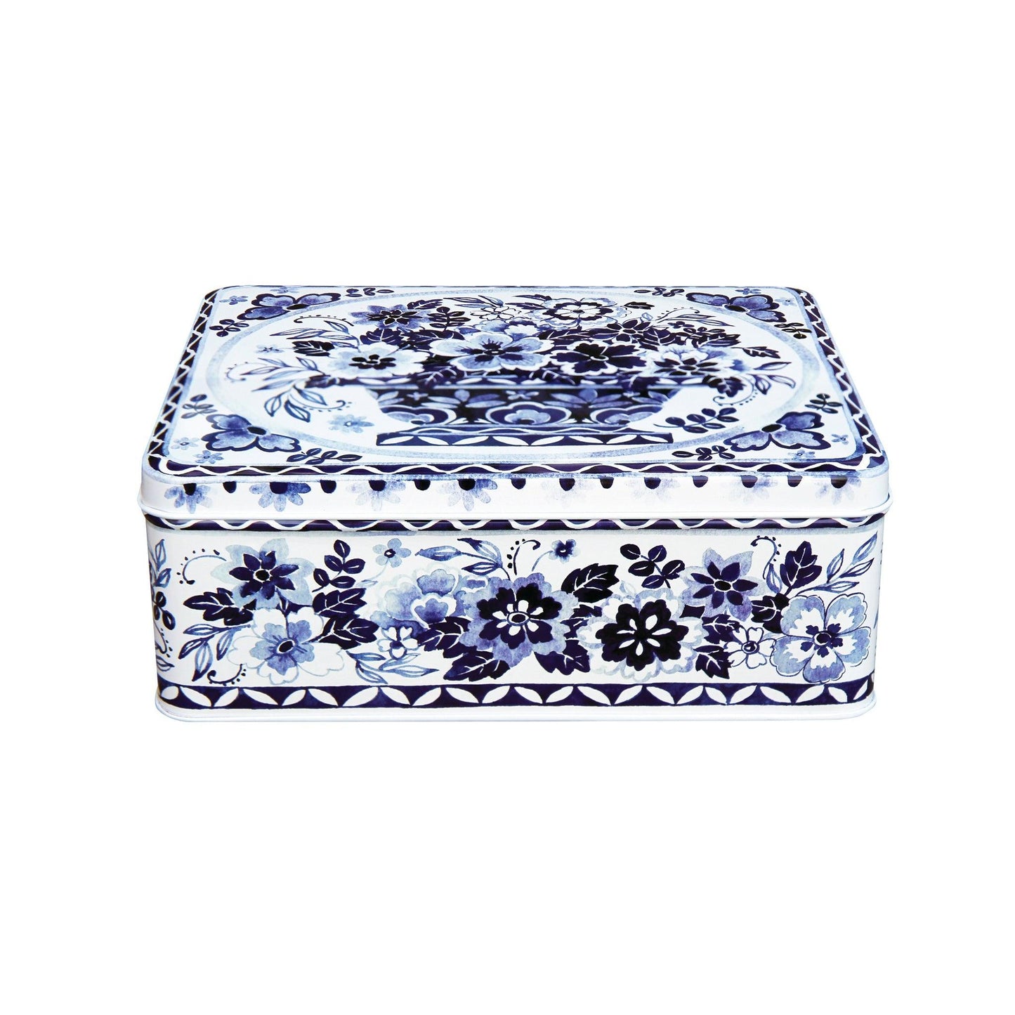 Kitchentins - Blue & White Deep Rectangular Storage Tin featuring artwork by Claire Winteringham.  This white tin is covered with an assortment of dark blue flowers and decals. 