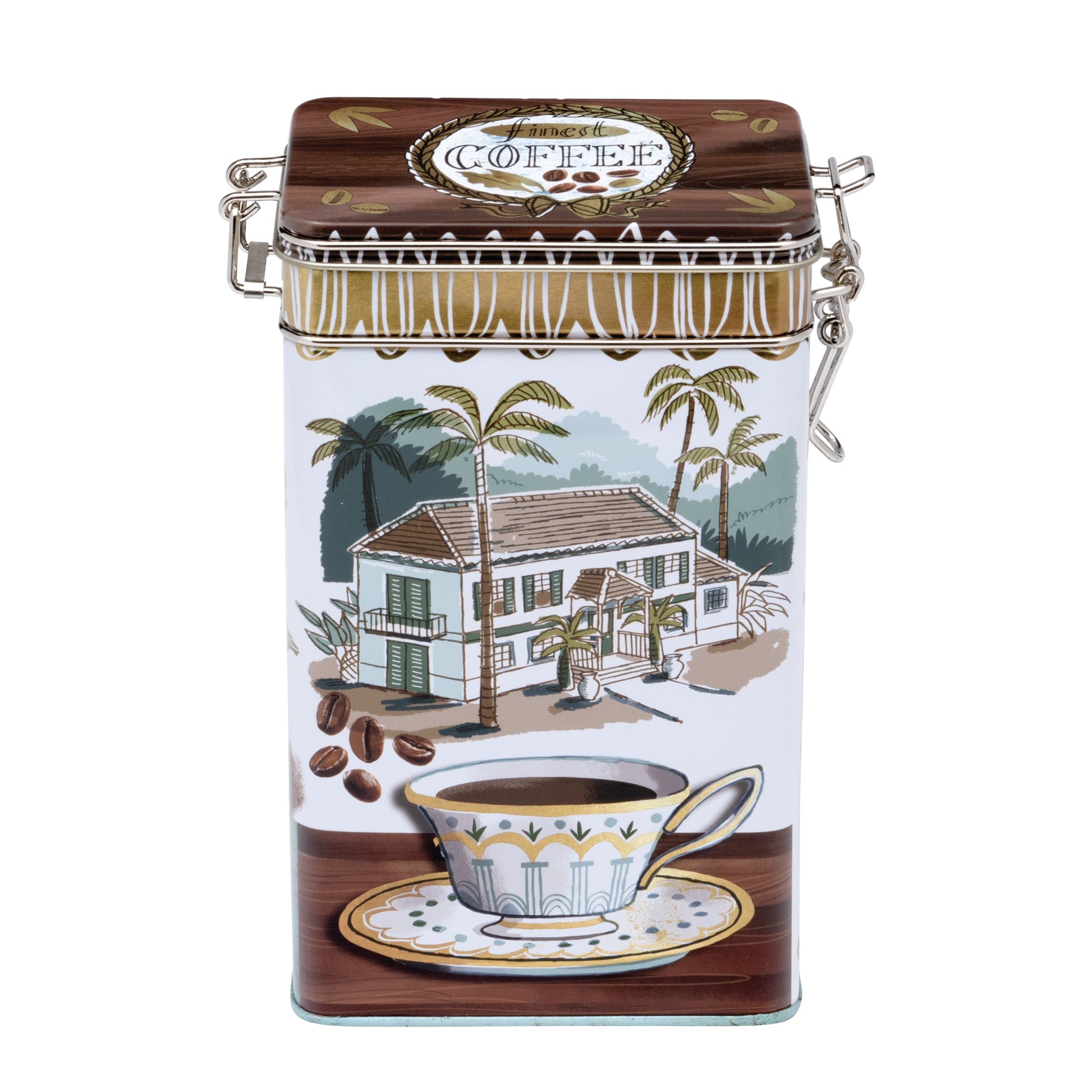 Kitchentins - Coffee Tall Rectangular Clip Lid Caddy. Showcasing artwork by Gillian Martin, this storage tin is design to keep your freshly ground coffee tasting great.