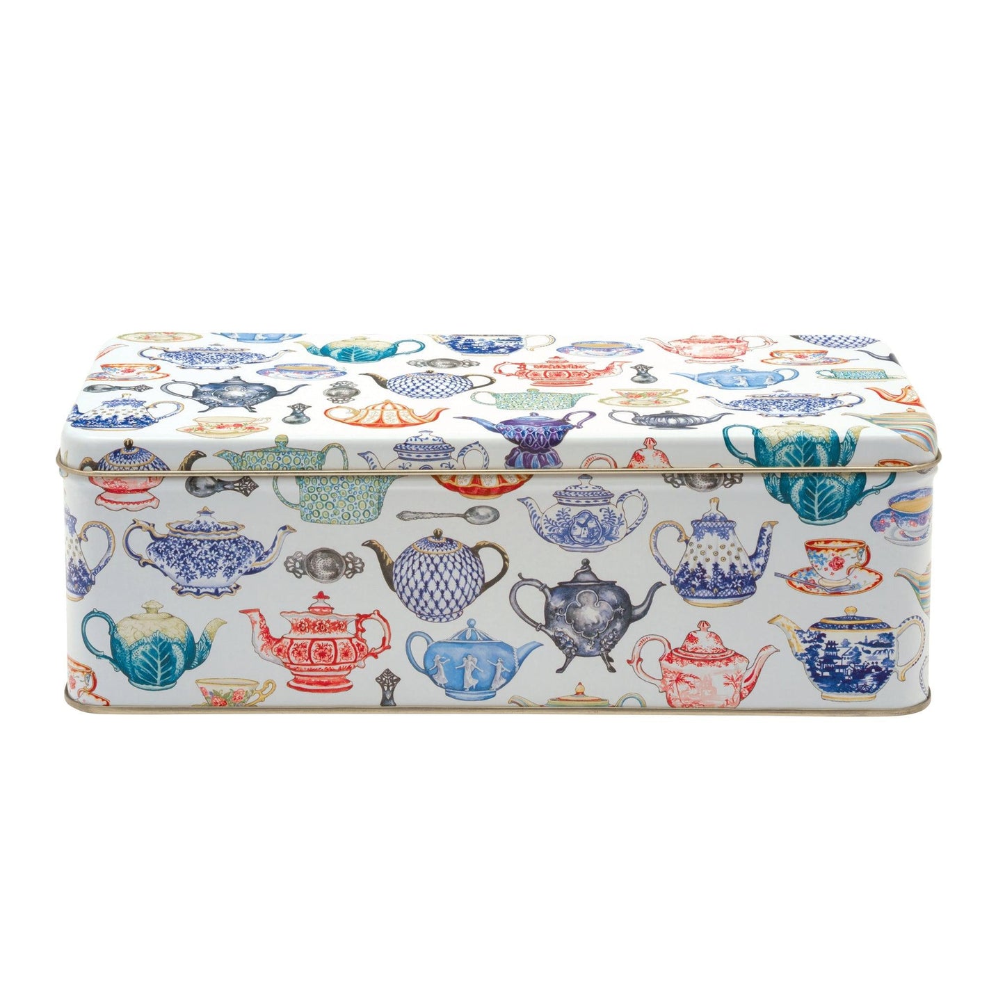 Kitchentins - Teapot Long Deep Rectangular Tin. A rectangular storage gift tin covered in an assortment of colourful teapots. 