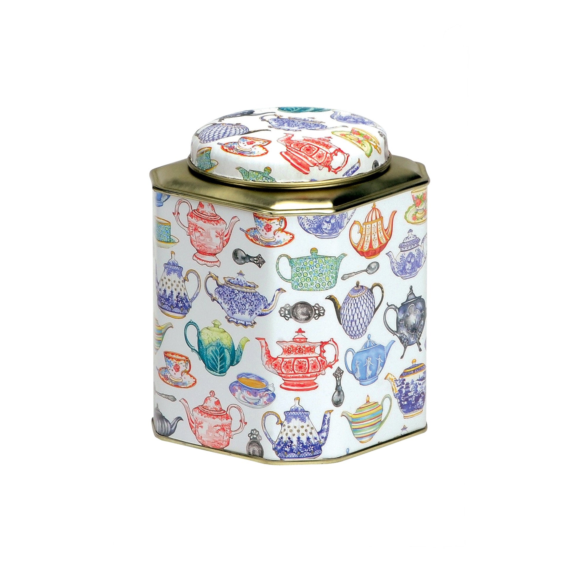 Kitchentins - Teacup cut corner dome lid tea caddy tin. Classic tea storage tin featuring an assortment of tea cups and pots, printed on a white background