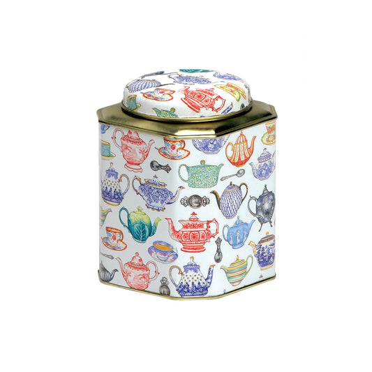 Kitchentins - Teacup cut corner dome lid tea caddy tin. Classic tea storage tin featuring an assortment of tea cups and pots, printed on a white background