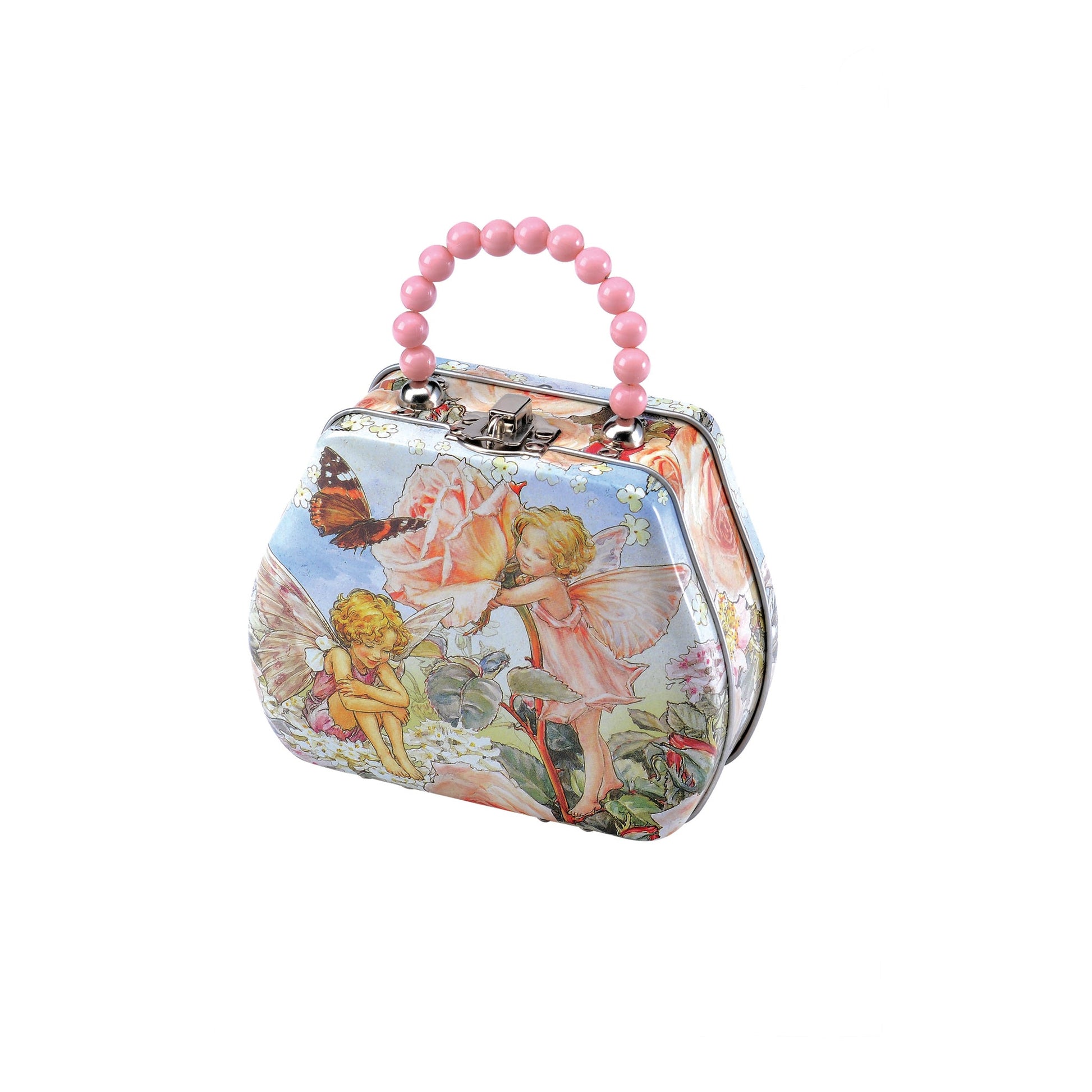 Kitchentins - Flower Fairies Medium Handled Bag Tin. Small gift tin with a beaded handle to replicate a small handbag featuring the classic flower fairies artwork