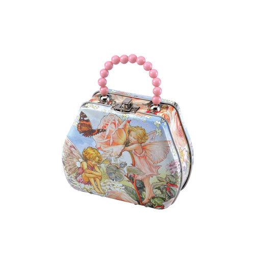 Kitchentins - Flower Fairies Medium Handled Bag Tin. Small gift tin with a beaded handle to replicate a small handbag featuring the classic flower fairies artwork