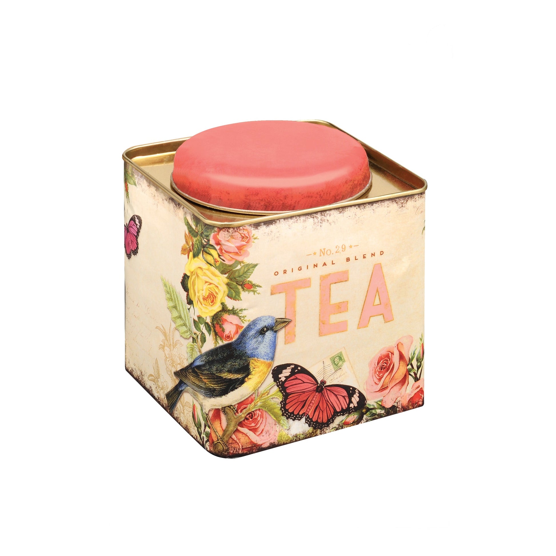 Kitchentins - Nostalgia Square Tea Caddy. A stylish sqaure tea caddy with a vintage inspired design featuring a small bird and butterfly. 