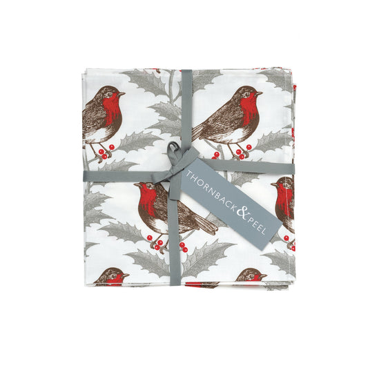 kitchentins - Thornback and Peel set of four cotton napkins printed with a red robin sitting amongst traditonal holly