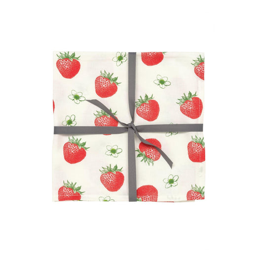 kitchentins - Thornback and Peel set of four cotton napkins printed with vibrant red strawberries and delicated blossoms.